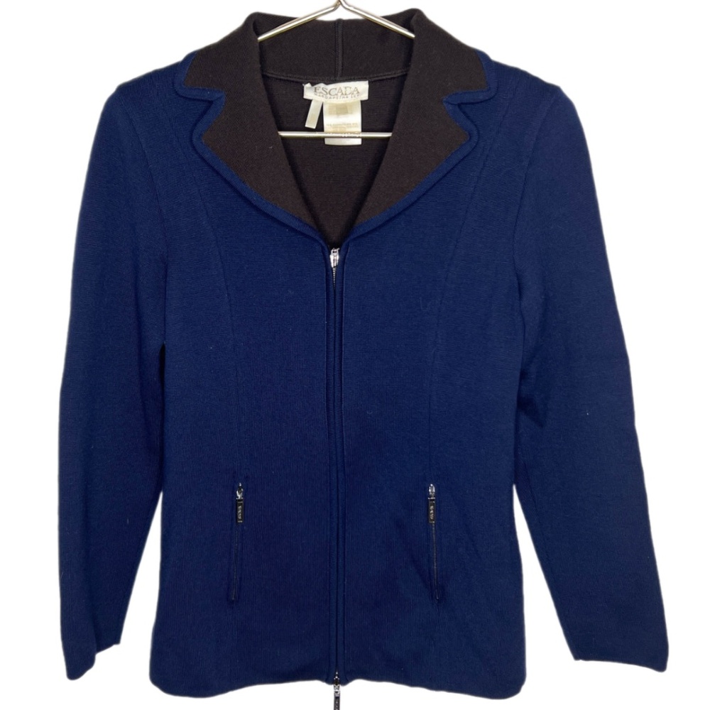 ESCADA | Navy Brown Knit Zip Up Coat Moto Sweater 34 100% Wool